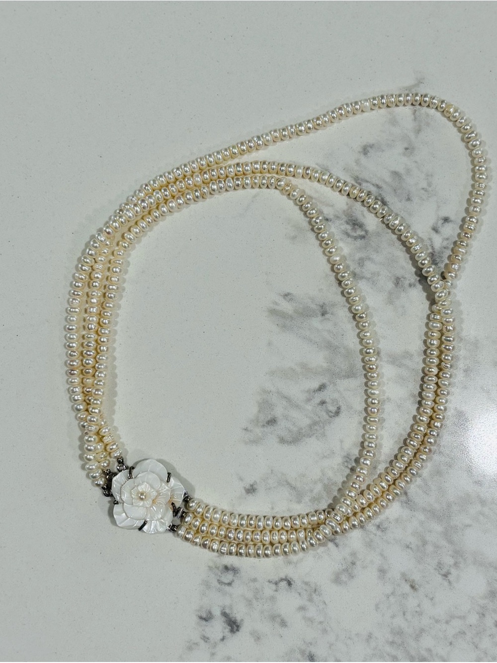 Vintage Triple Strand Faux Pearl Necklace Floral Box Clasp Statement